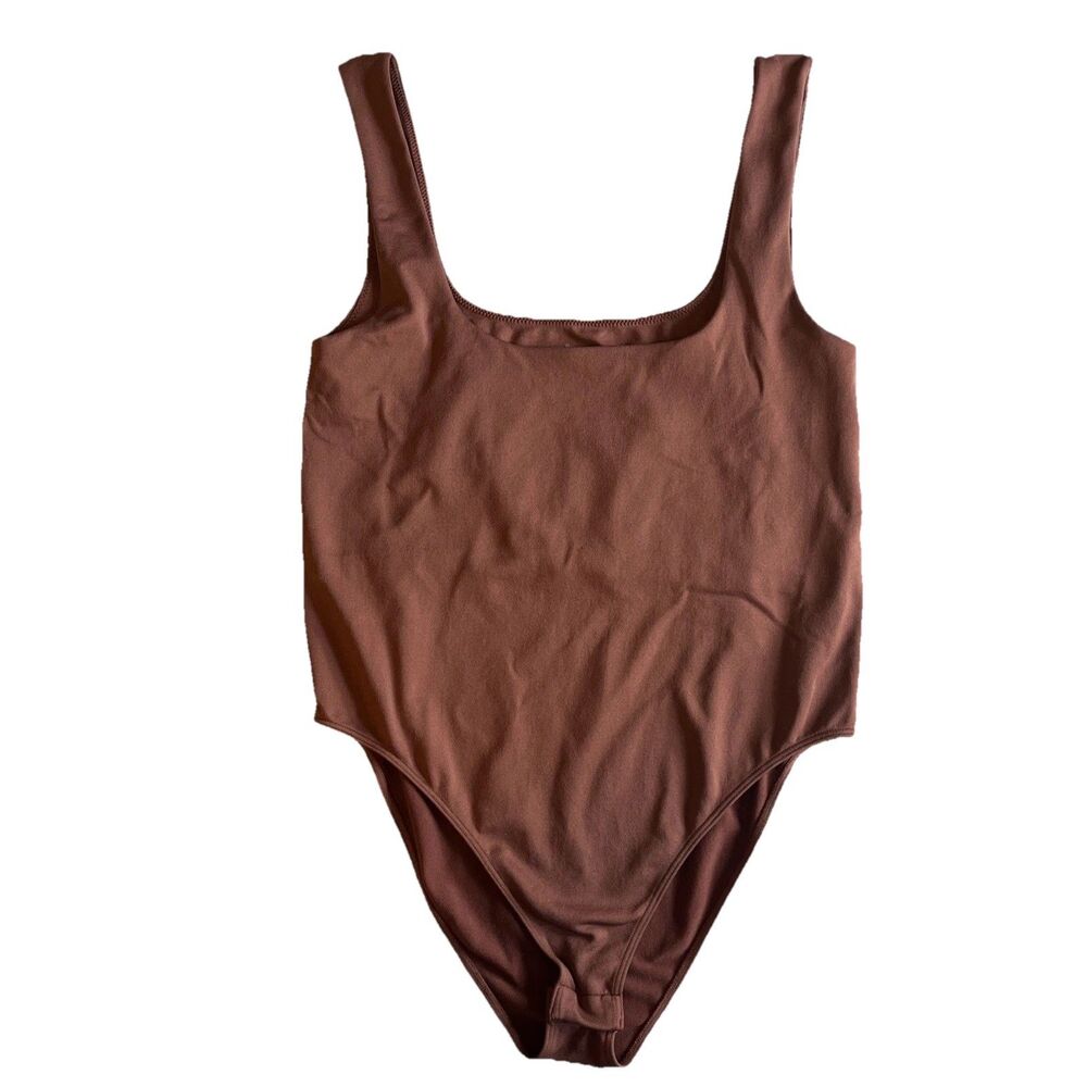 A New Day Bodysuit Women's L Brown One Piece Button Accent Stretch Tank Top